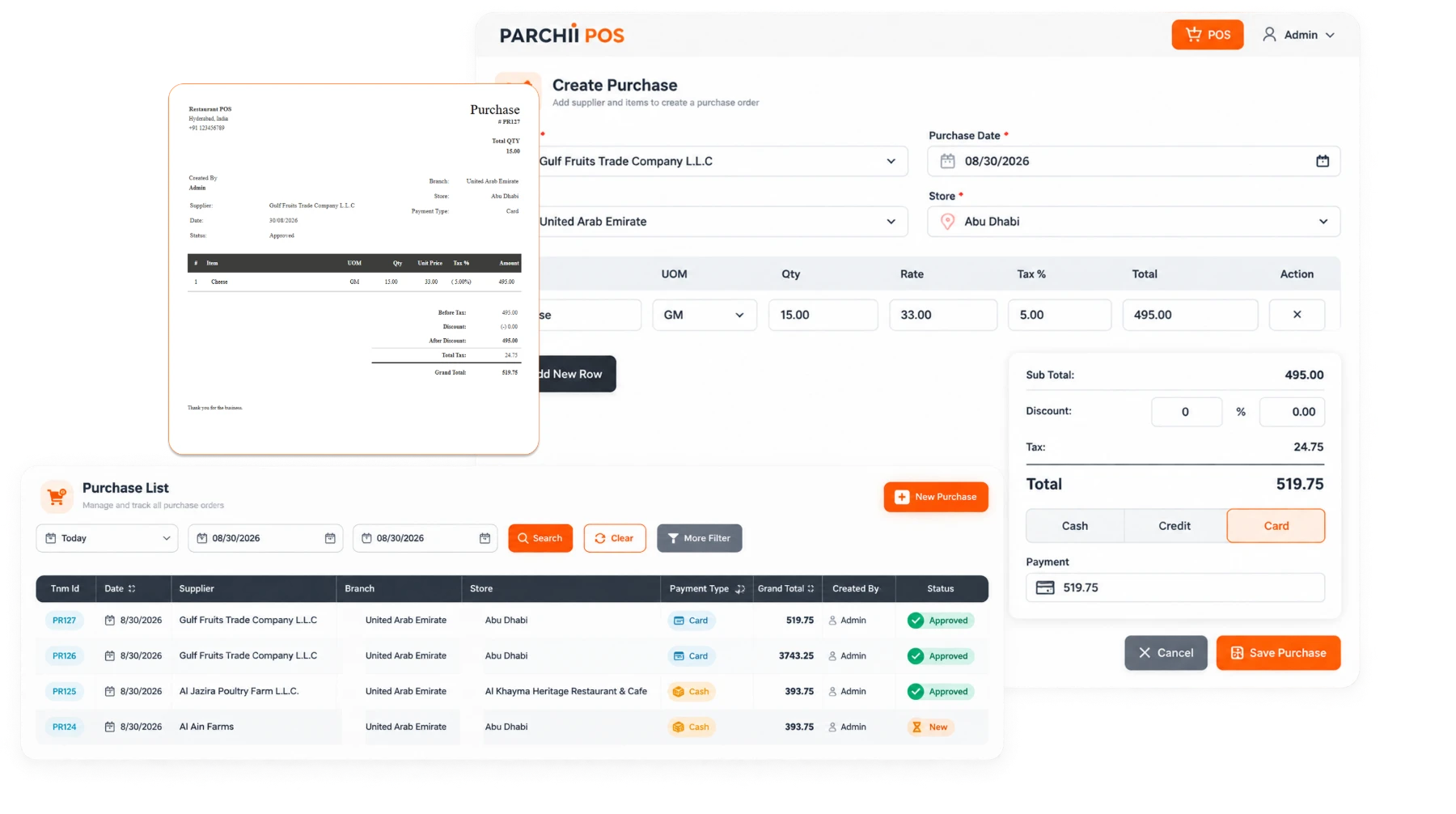 Parchii POS desktop purchase screens — create purchase with supplier, quantities and totals, the purchase list with approval statuses, and a printed purchase record