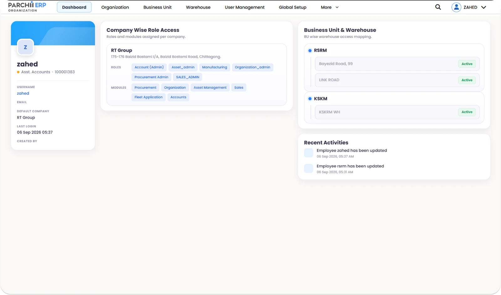 Parchii ERP organization dashboard — user profile, company-wise role and module access, business unit to warehouse mapping and recent activity