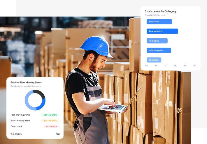 Illustration with sample figures — warehouse worker checking stock on a laptop, beside stock-level and fast-versus-slow-moving widgets