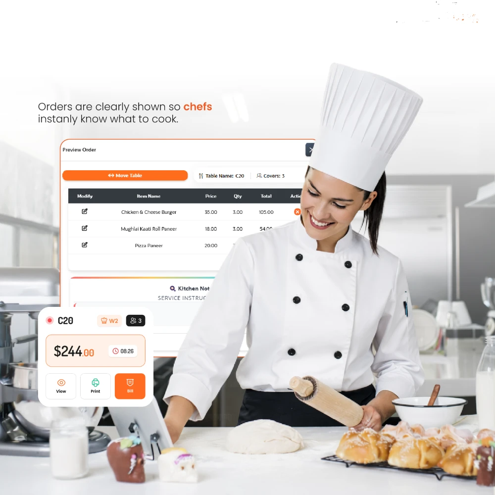 A chef at the pass beside a Parchii POS order preview — items, quantities and kitchen notes for table C20
