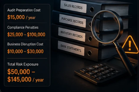 Illustration with sample figures — record binders under a magnifying glass beside audit-cost estimates