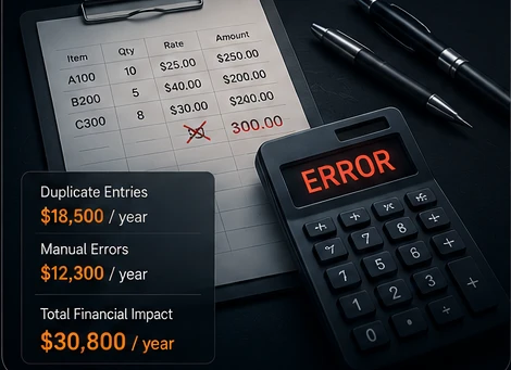 Illustration with sample figures — a paper ledger and calculator reading ERROR, with duplicate-entry costs