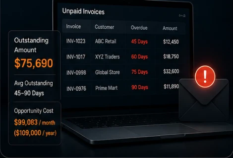 Illustration with sample figures — a laptop showing an unpaid-invoices list with ageing and amounts