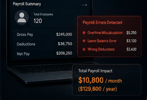 Illustration with sample figures — a payroll summary on a laptop with detected payroll errors