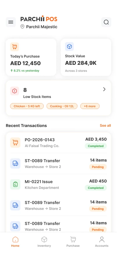 Parchii POS mobile home — purchases for the day, stock value, low-stock alerts and recent transactions
