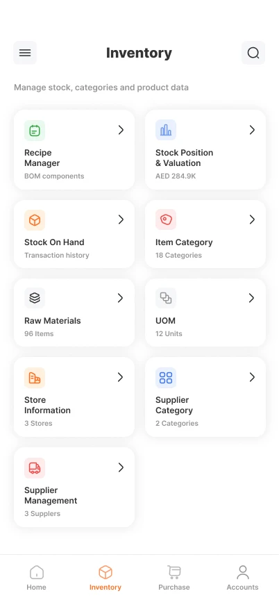 Parchii POS mobile inventory — recipe manager, stock on hand, raw materials, stores and suppliers