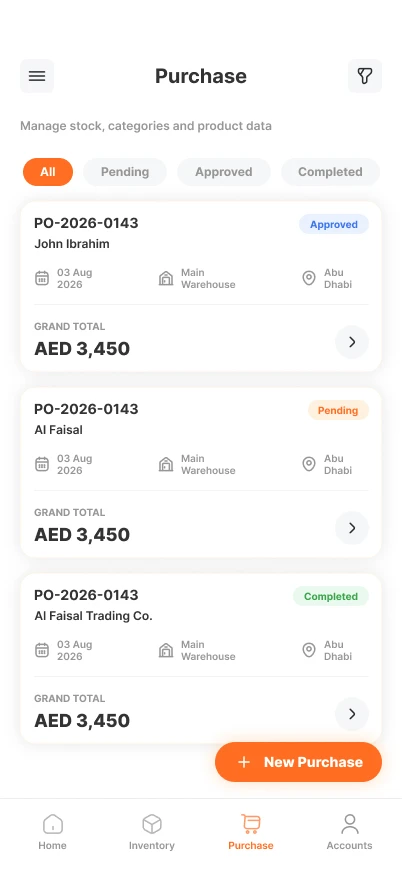 Parchii POS mobile purchase orders with approval status and grand totals