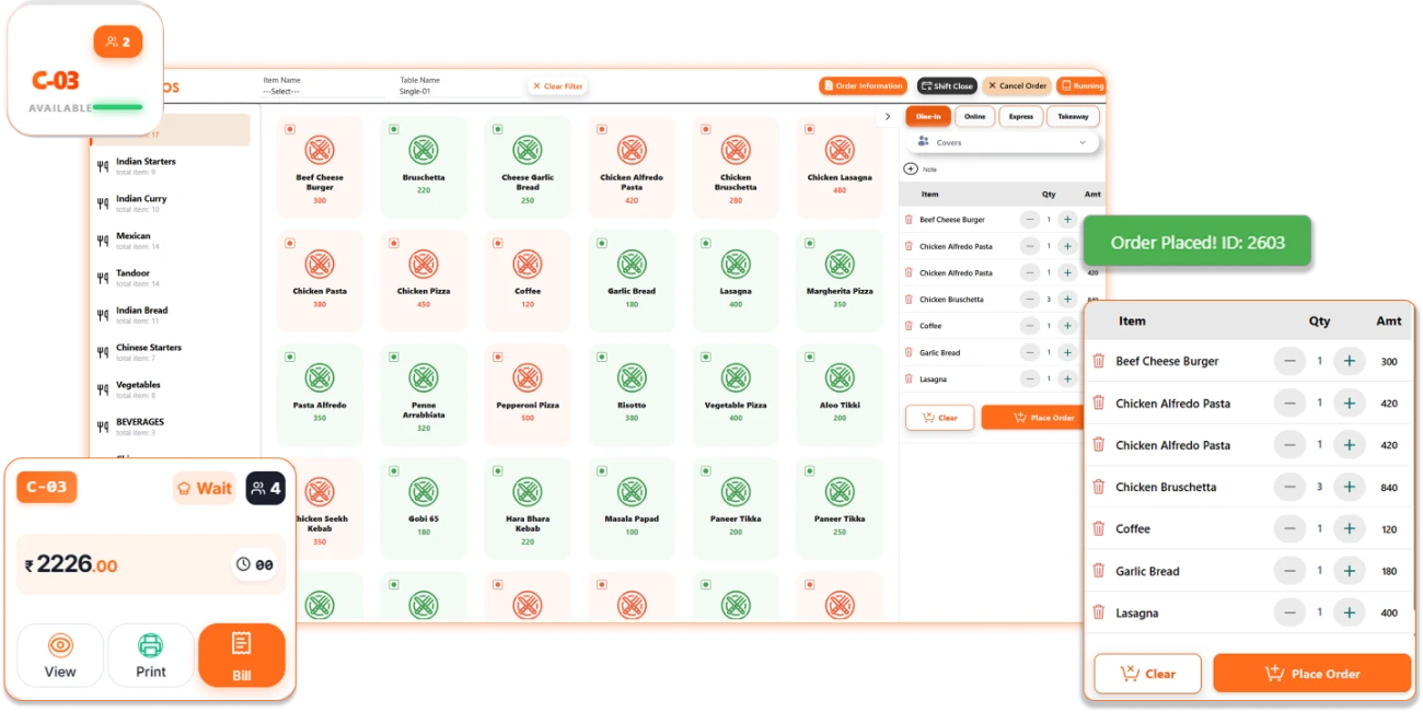 Parchii POS floor screen — menu grid with category sidebar, a live table card and the order panel with a placed order