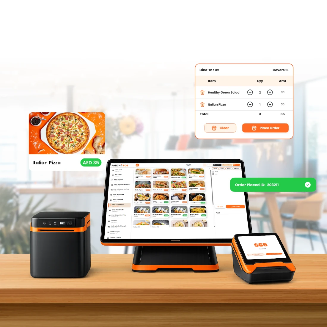 Parchii POS hardware set — touchscreen terminal with the menu open, receipt printer and card reader, with a dine-in order panel and an order-placed confirmation