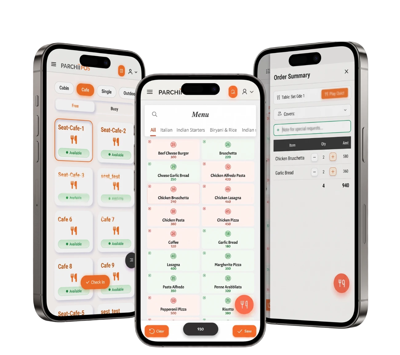 Parchii POS waiter app on three phones — table seating view, the dynamic menu and an order summary